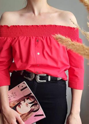 Блузка красная с открытыми плечами туника river island1 фото