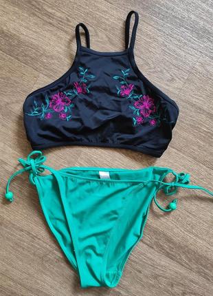 Сборный купальник бикини раздельный зеленый черный с вышивкой6 фото