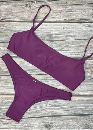 Бордовый раздельный купальник бандо топ широкий лиф и бикини xs s m l