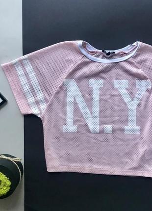 👚роскошная розовая футболка с надписью new york/пудровая укорочённая футболка американка в сеточку👚2 фото