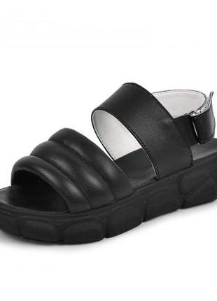 Черные босоножки-сандали на толстой подошве кожаные женские2 фото