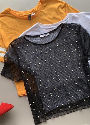 👚роскошная чёрная прозрачная футболка с жемчугом/чёрная полупрозрачная футболка в бусинках 👚