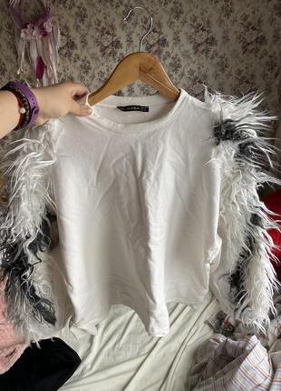 Світшот кофта з кошлатими волохатими рукавами хутро