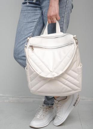 Женский вместительный функциональный рюкзак-сумка trinity - строчений  белый1 фото