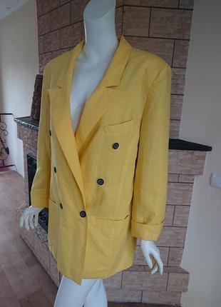 Желтый удлиненный винтажный двубортный льняной пиджак оверсайз размер м-л5 фото
