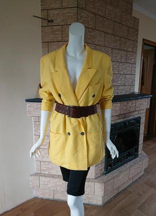 Жовтий подовжений вінтажний лляний піджак двобортний оверсайз розмір м-л1 фото