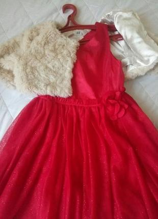 Красное нарядное платье, фатиновая пышная юбка с блестками 8-10 лет hm. балеро меховое.3 фото
