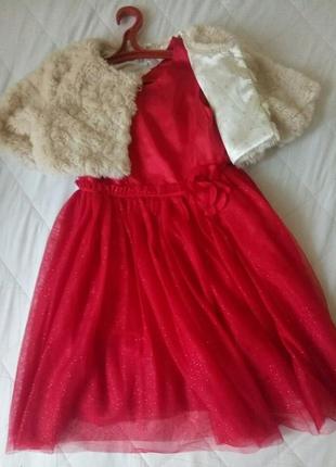 Красное нарядное платье, фатиновая пышная юбка с блестками 8-10 лет hm. балеро меховое.4 фото