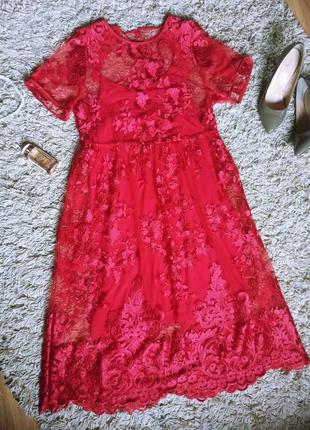 Шикарное нарядное  вечернее, выпусуное, коктейльное красное ажурное платье 48-50 р1 фото