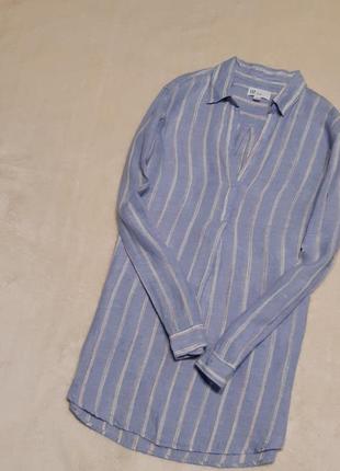 Льняная небесно синяя блузка туника в полоску 100% лён длинный рукав размер s/m gap