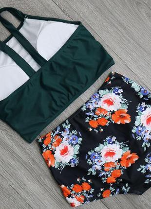 Красивый купальник женский раздельный цветочный принт зеленый