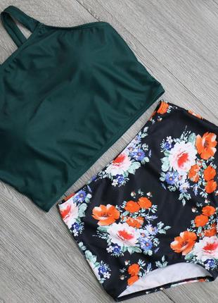 Красивый купальник женский раздельный цветочный принт зеленый