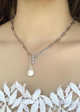 Трендовое серебряное колье с жемчужиной