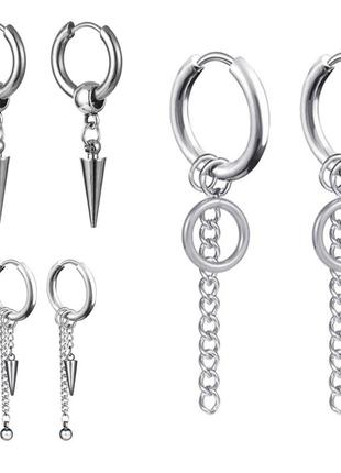 Серьга одна мужская сережки серёжки серебро шип цепь цепочка мужская серьга чоловіча жіноча