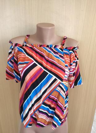 Яскрава різнобарвна блуза з віскози відкритим плечима3 фото