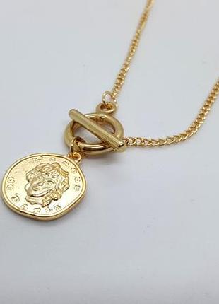 🌻🌟 стильное колье-цепочка с оригинальным замком и подвеской "монетка"