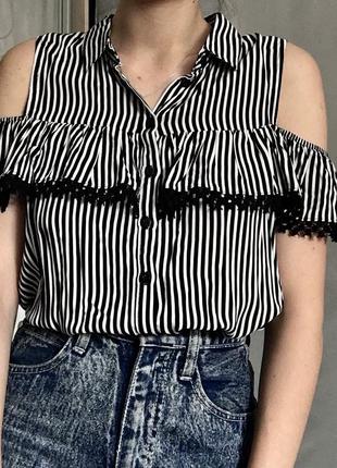 Сорочка на плечах, блузка в смужку з відкритими плечима lc waikiki літня