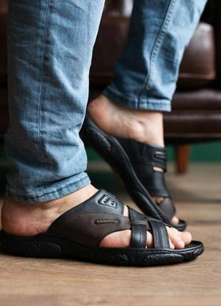 Чоловіча літнє взуття темно-коричневі шкіряні шльопанці чоловічі україна 20211 фото