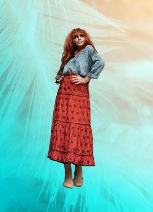 Спідниця набивний оксамит візерунок квіти рюші бохо з переливомна резинці довга