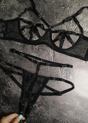 Сексуальный эротический комплект женского белья с цепями, черное нижнее белье с открытым доступом2 фото