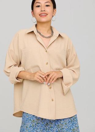 Красивая базовая рубашка жатка свободного кроя воротник стойка длинный рукав карманы