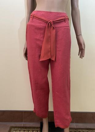 Красные льняно-вискозные штаны с шелковым ремнем2 фото