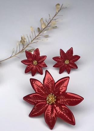 Набір пусети та пін квіти червоного емаль fashion jewelry