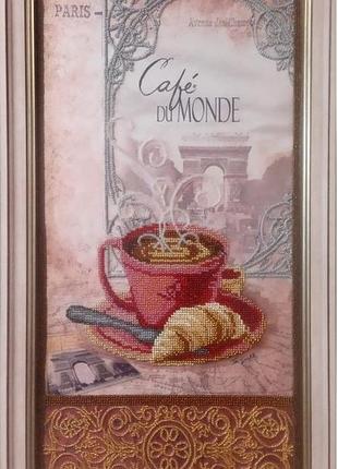 Картина вышитая бисером чашечка кофе в париже "cafe du monde". 52х29см