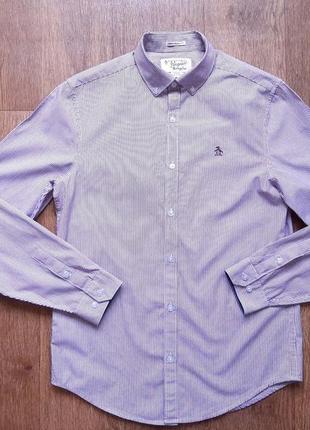 Рубашка мужская penguin (англия) хлопок s slim fit белая в бордовую полоску