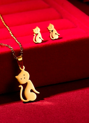 Комплект серьги + цепочка кошечка котята