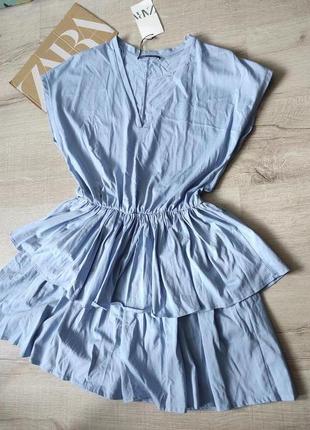 Zara платье хлопок сарафан короткое воланы голубое новое!  размер s 44 425 фото