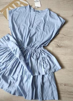 Zara платье хлопок сарафан короткое воланы голубое новое!  размер s 44 427 фото