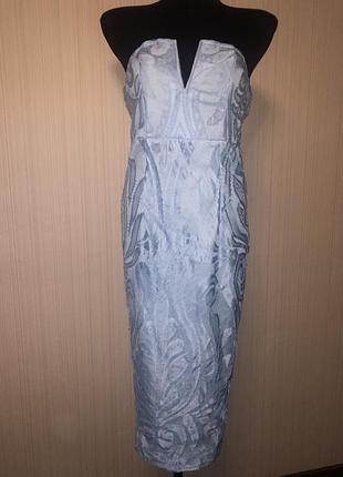 Голубое кружевное ажурное  платье миди
