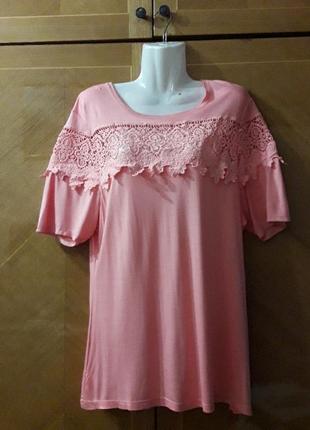 100% вискоза р. 16/18 яркая красивая вискозная футболка с кружевом bayou