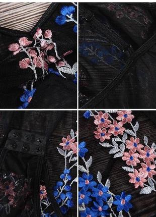 Черный боди из сеточки с цветочной вышивкой 🌷 жіночий боді4 фото