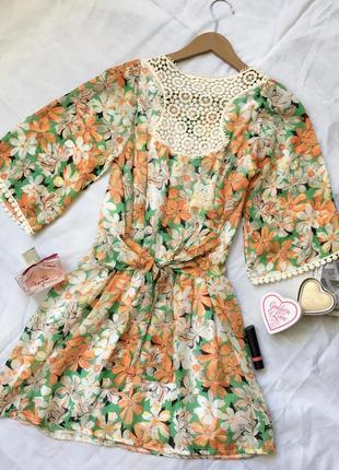 Платье летнее шифоновое новое цветочный принт цвет оранж и зелёный тренд сезонах2 фото
