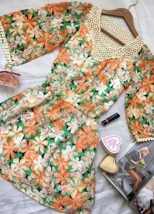 Платье летнее шифоновое новое цветочный принт цвет оранж и зелёный тренд сезонах3 фото