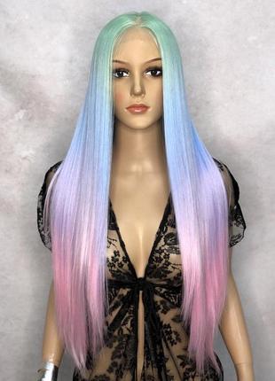 Перука на сітці lace wig різнобарвний райдужний довгий прямий термо + шапочка під перука у подарунок!