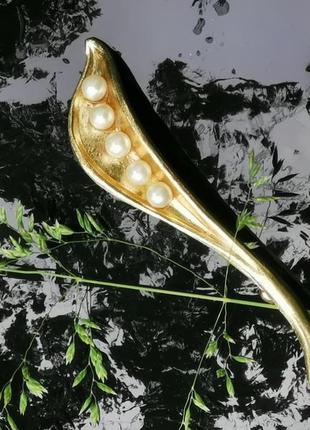 Велика вінтажна американська брошка з перлинами намистини квітка лист гілка7 фото