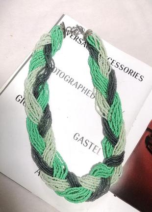 Колье ожерелье подвеска  бусы из бисера зеленые мятные металл бижутерия