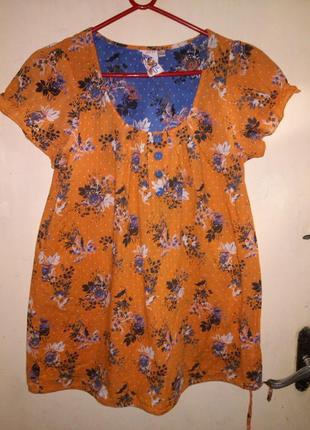Оранжевая блузка next  10-14 размеров с принтом цветов,100% хлопок,индия1 фото