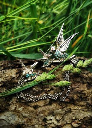Вінтажна велика американська брошка стрази шатлен подвійна ланцюжок птиці гілка мама пташенята2 фото