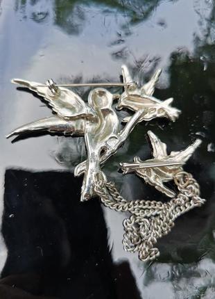 Вінтажна велика американська брошка стрази шатлен подвійна ланцюжок птиці гілка мама пташенята5 фото