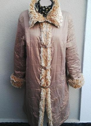 Теплое пальто,пуховик с меховой окантовкой большой размер.1 фото