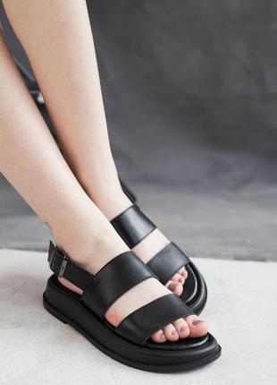 Черные босоножки сандали летние женские кожаные (натуральная кожа) на толстой подошве - женская обув