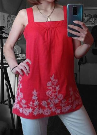 🆕 новий червоний лляний топ блуза на бретелях майка вишиті квіточки next7 фото