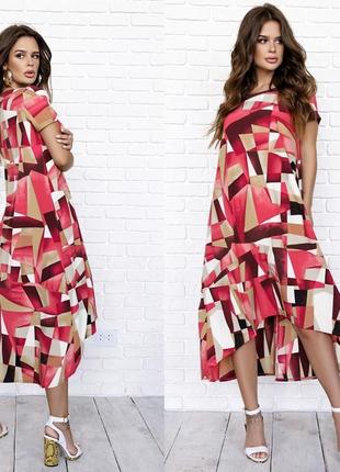 Свободное платье-трапеция асимметричной миди длины с разрезом сзади2 фото