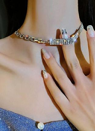 Чокер-цепь кристаллы комбинированный чокер колье ожерелье