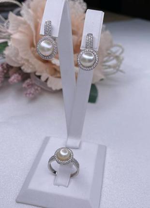 Срібний комплект з перлами, 925, срібло, фіаніти2 фото