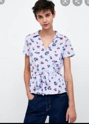 Рубашка цветочный принт на запах лён коттон от zara